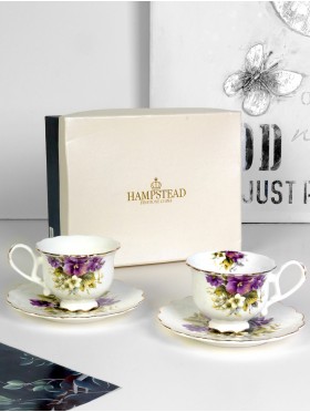 Pansies 2 Cups and 2 Saucers With Gift Box
